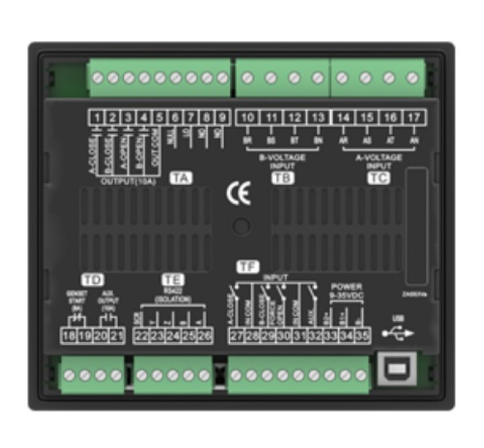 Контролер ATS SmartGen HAT553 з подвійним джерелом живлення, підходить для АВР без переривання (NO), АВР з одним вимикачем (ONE) і АВР з двома вимикачами (TWO).